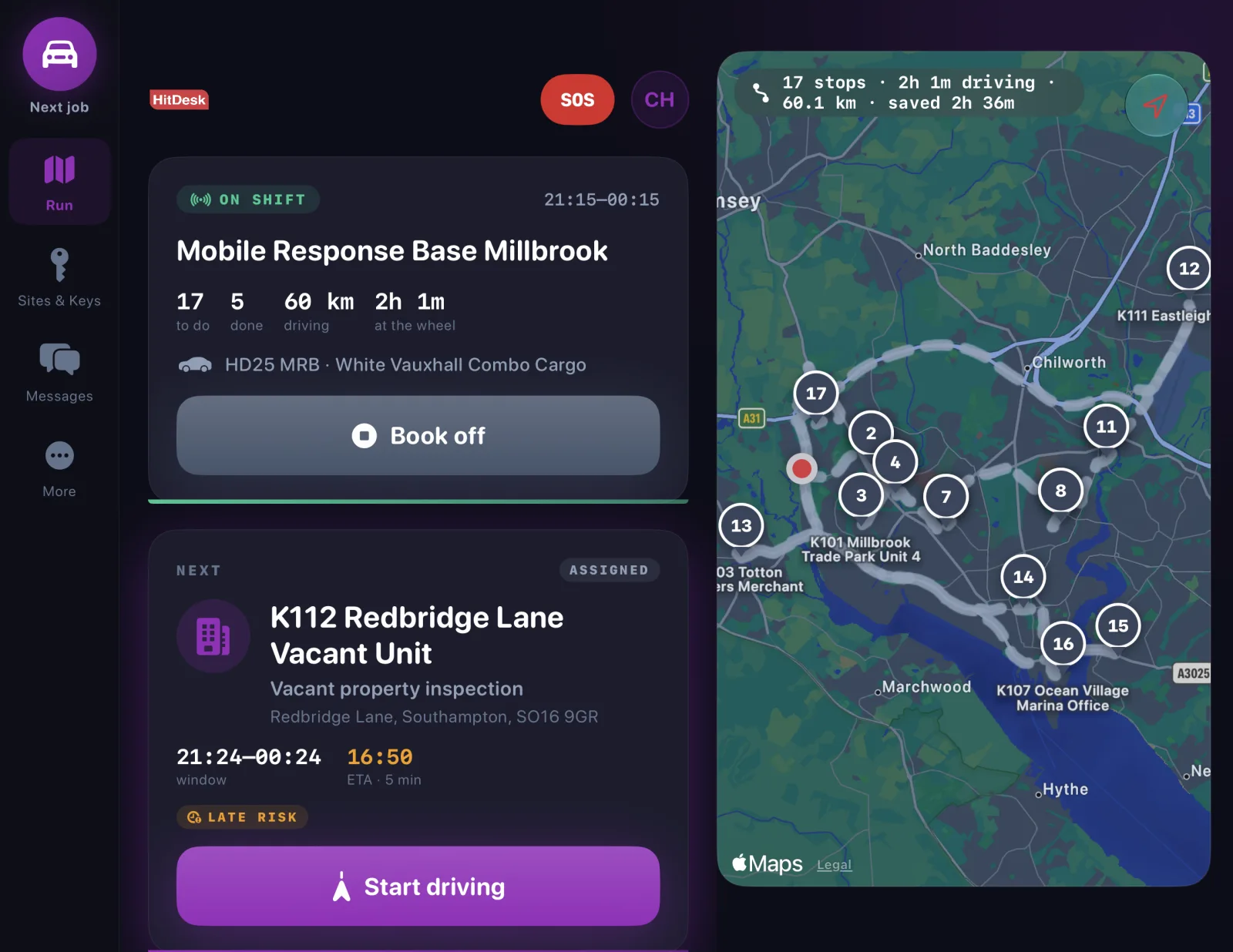 A mobile patrol run in the Hitdesk app: 17 numbered stops on a map around Southampton, 60 km of driving, with 2 hours 36 minutes saved by the planned order