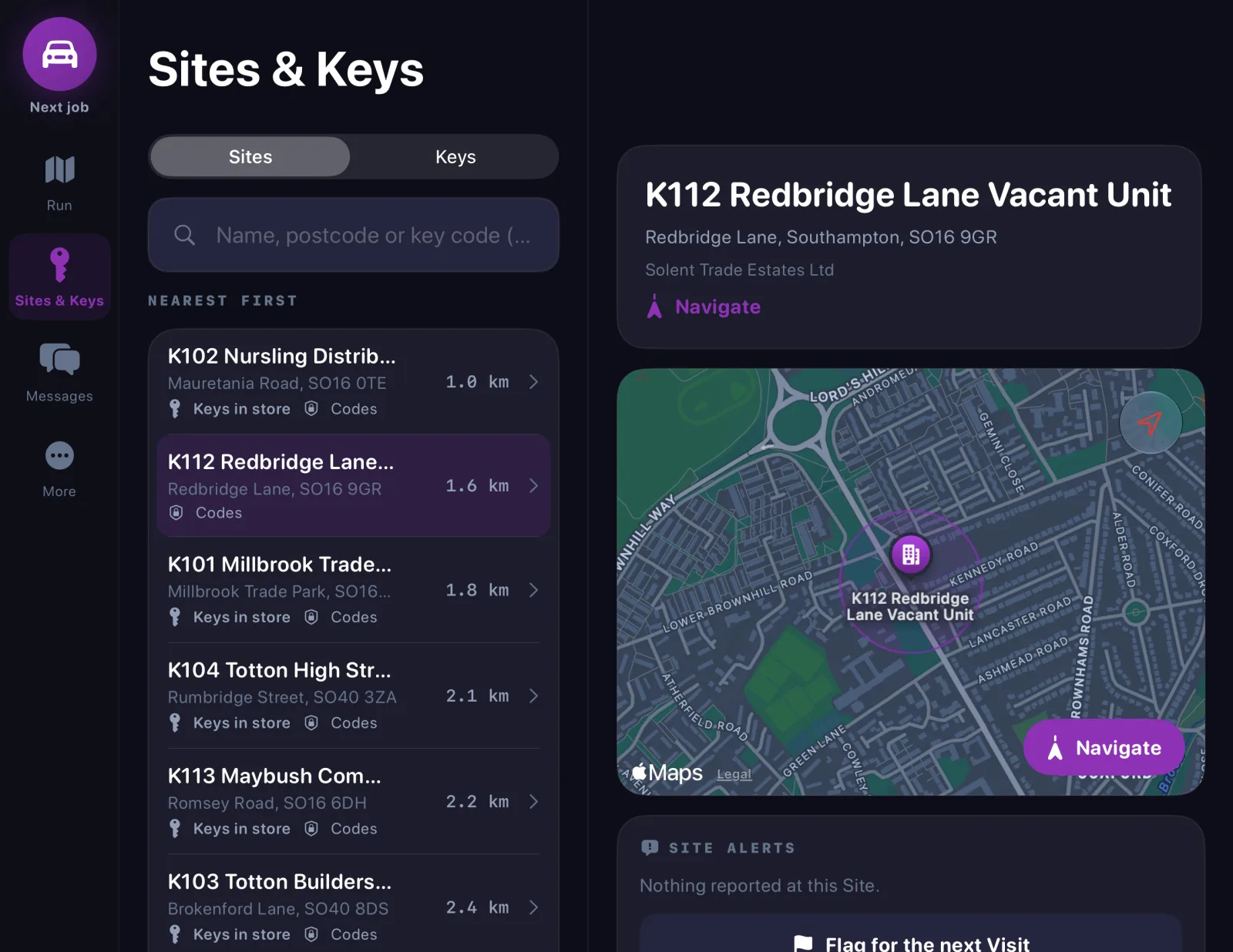Sites and Keys in the Hitdesk app: keyholding sites listed nearest first, with a map of the selected site, a Navigate button and site alerts